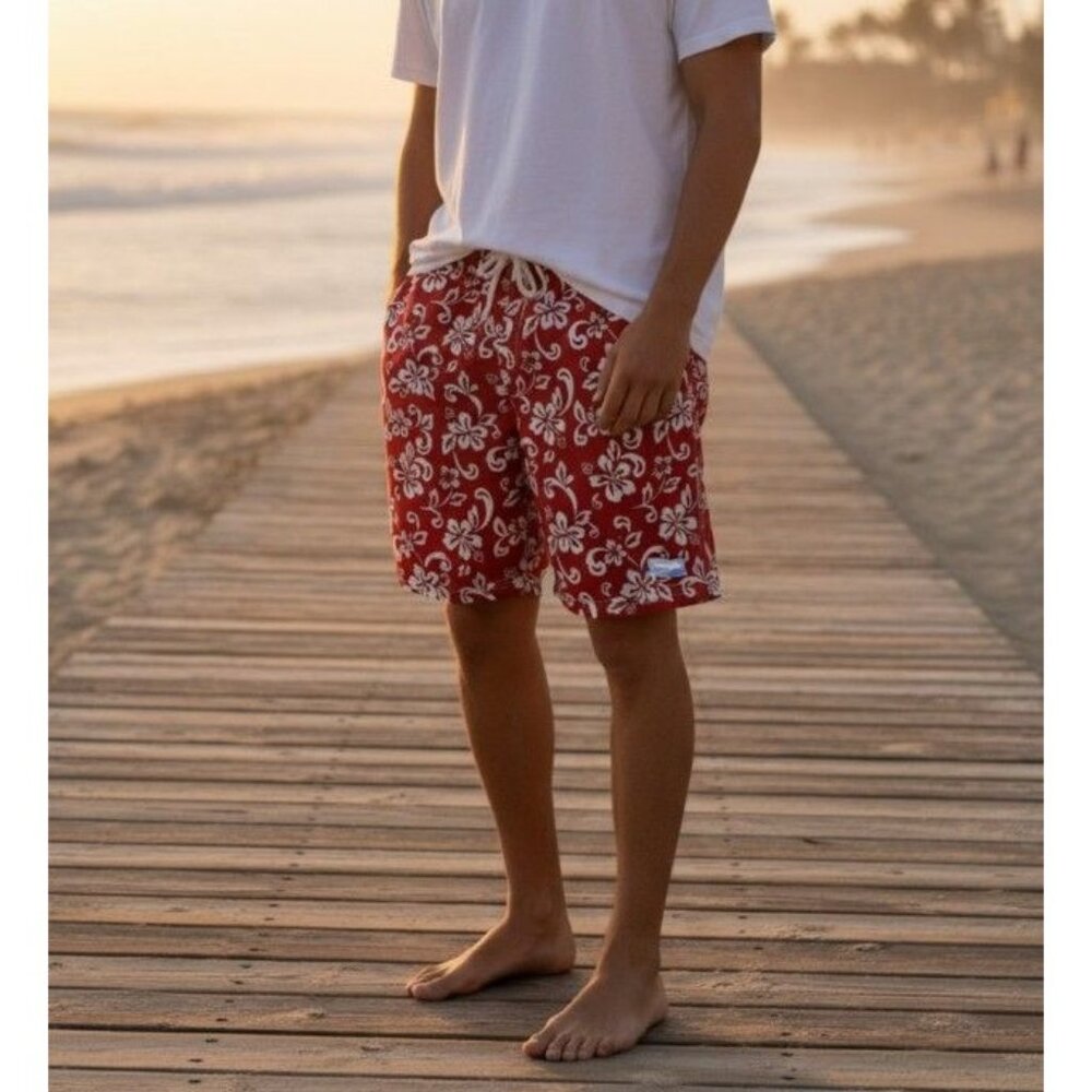 Mens XL Red Hawaiian Floral Swim Trunks With Drawstring & Elastic Waist